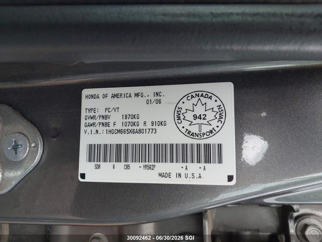 2006 Honda Accord Ex მანქანა იყიდება აუქციონზე, vin: 1HGCM665X6A801773, აუქციონის ნომერი: 30092462