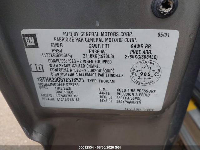 30092554 :رقم المزاد ، 1GTHK29G61E316533 vin ، 2001 Gmc Sierra K2500 Heavy Duty مزاد بيع