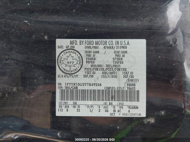 Продаж на аукціоні авто 2000 Ford Ranger, vin: 1FTYR10U2YTB49246, номер лоту: 30092235