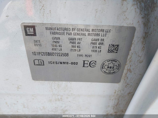 Aukcja sprzedaży 2013 Chevrolet Cruze Lt, vin: 1G1PC5SB8D7222938, numer aukcji: 30093371