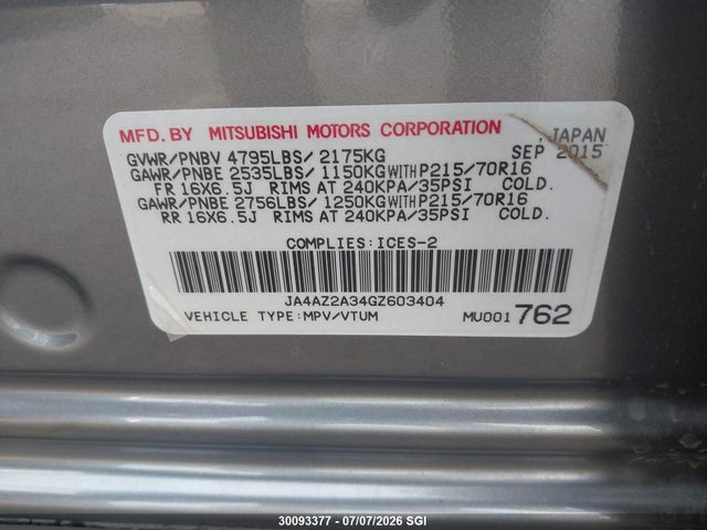 Продажа на аукционе авто 2016 Mitsubishi Outlander, vin: JA4AZ2A34GZ603404, номер лота: 30093377