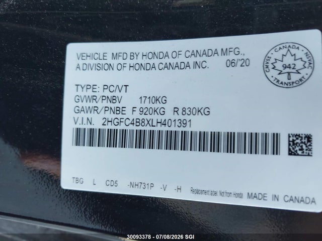 2020 Honda Civic Sport მანქანა იყიდება აუქციონზე, vin: 2HGFC4B8XLH401391, აუქციონის ნომერი: 30093378
