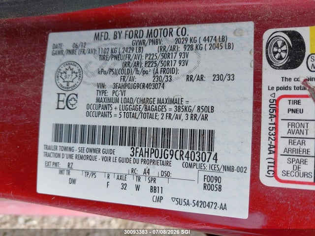 30093383 :رقم المزاد ، 3FAHP0JG9CR403074 vin ، 2012 Ford Fusion Sel مزاد بيع