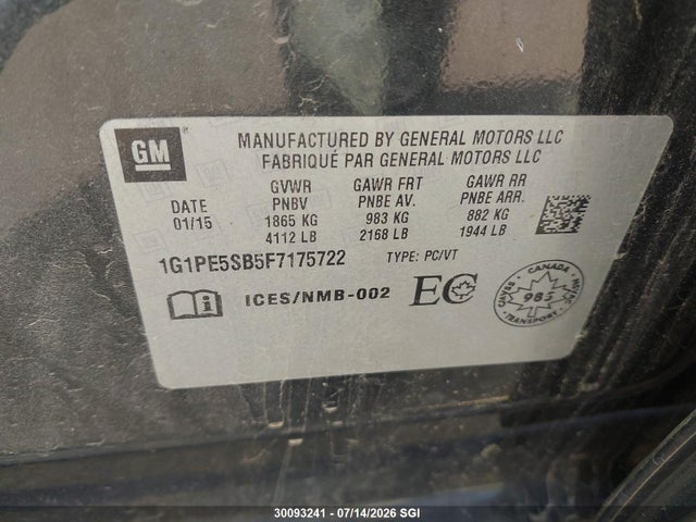 Продажа на аукционе авто 2015 Chevrolet Cruze Lt, vin: 1G1PE5SB5F7175722, номер лота: 30093241