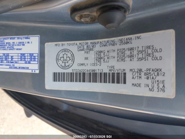 2004 Toyota Sienna Xle/xle Limited მანქანა იყიდება აუქციონზე, vin: 5TDZA22C44S001713, აუქციონის ნომერი: 30093393