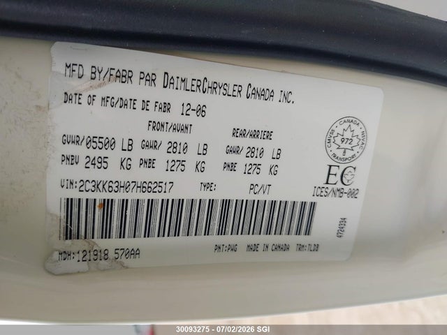 Продаж на аукціоні авто 2007 Chrysler 300c, vin: 2C3KK63H07H662517, номер лоту: 30093275