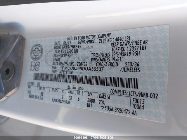 Продаж на аукціоні авто 2013 Ford Escape Titanium, vin: 1FMCU9J95DUA36537, номер лоту: 30093398