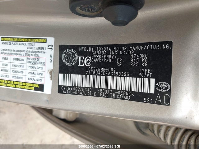 2010 Toyota Corolla Le მანქანა იყიდება აუქციონზე, vin: 2T1BU4EE7AC198396, აუქციონის ნომერი: 30092366