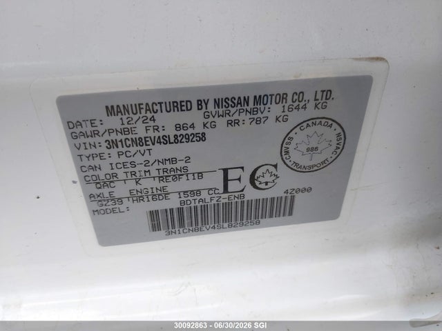 Продажа на аукционе авто 2025 Nissan Versa Sv Fwd Cvt, vin: 3N1CN8EV4SL829258, номер лота: 30092863