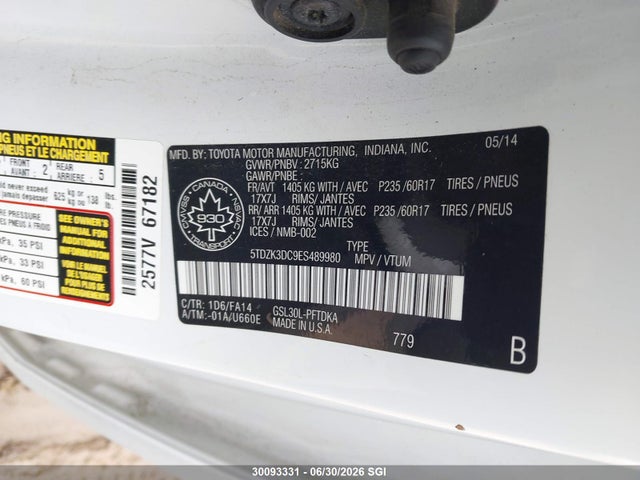 Toyota Sienna 2014 5TDZK3DC9ES489980 Image 9