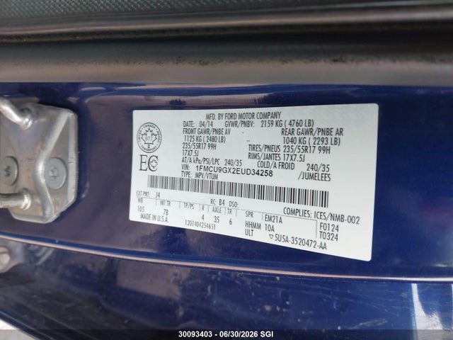 Auction sale of the 2014 Ford Escape Se, vin: 1FMCU9GX2EUD34258, lot number: 30093403