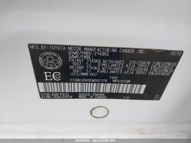 2012 Toyota Rav4 Sport V6 მანქანა იყიდება აუქციონზე, vin: 2T3RK4DV0CW093178, აუქციონის ნომერი: 30092652