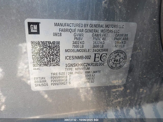 30072732 :رقم المزاد ، 1GNSKHKC2KR181004 vin ، 2019 Chevrolet Suburban K1500 Lt مزاد بيع