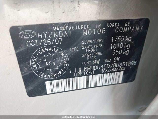 Продажа на аукционе авто 2008 Hyundai Elantra Gl/gls, vin: KMHDU45D78U351898, номер лота: 30093440