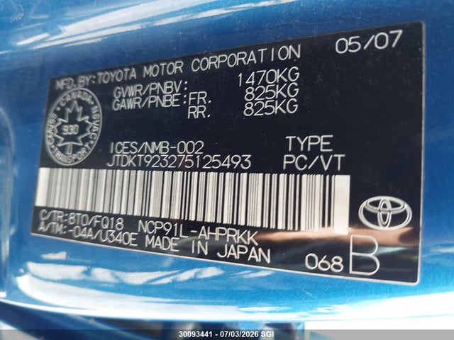 Продажа на аукционе авто 2007 Toyota Yaris, vin: JTDKT923275125493, номер лота: 30093441