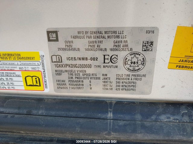 GMC ACADIA SLE 2016 1GKKVPKD9GJ303600 Image 9