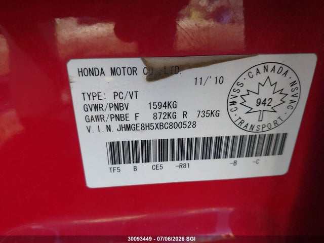 2011 Honda Fit Sport მანქანა იყიდება აუქციონზე, vin: JHMGE8H5XBC800528, აუქციონის ნომერი: 30093449