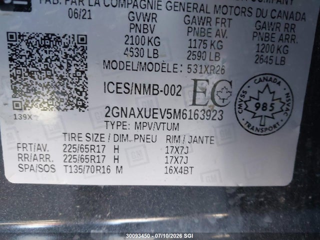 30093450 :رقم المزاد ، 2GNAXUEV5M6163923 vin ، 2021 Chevrolet Equinox Lt مزاد بيع