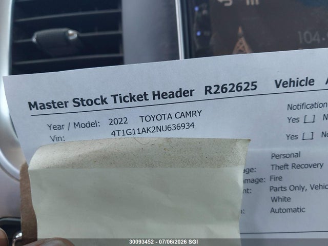 Продажа на аукционе авто 2022 Toyota Camry Se/se Night Shade, vin: 4T1G11AK2NU636934, номер лота: 30093452
