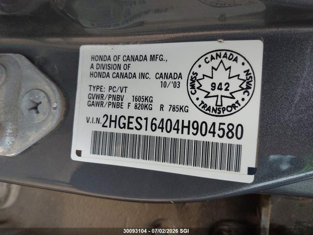 Продаж на аукціоні авто 2004 Honda Civic Dx, vin: 2HGES16404H904580, номер лоту: 30093104