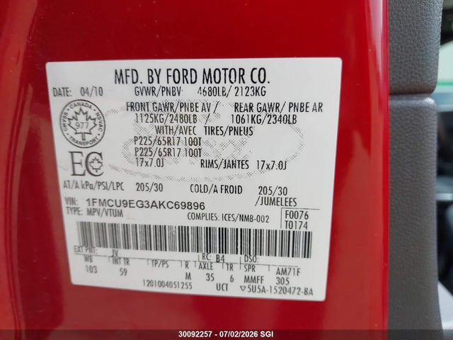 2010 Ford Escape Limited მანქანა იყიდება აუქციონზე, vin: 1FMCU9EG3AKC69896, აუქციონის ნომერი: 30092257
