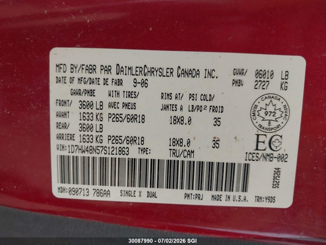 Auction sale of the 2007 Dodge Dakota Quad Slt, vin: 1D7HW48N57S121863, lot number: 30087990