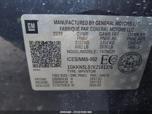 GMC ACADIA SLE 2019 1GKKNSLS7KZ181376 Image 9