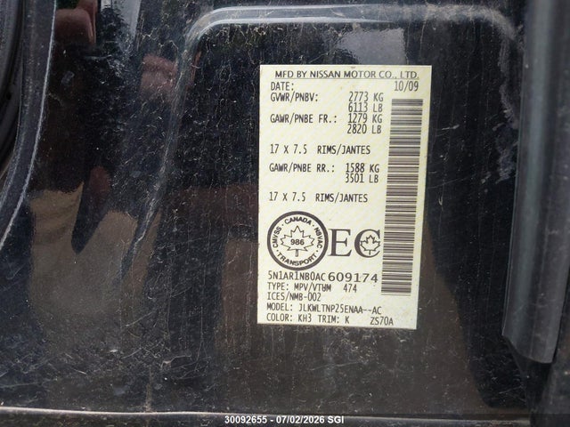 2010 Nissan Pathfinder S/le/se მანქანა იყიდება აუქციონზე, vin: 5N1AR1NB0AC609174, აუქციონის ნომერი: 30092655