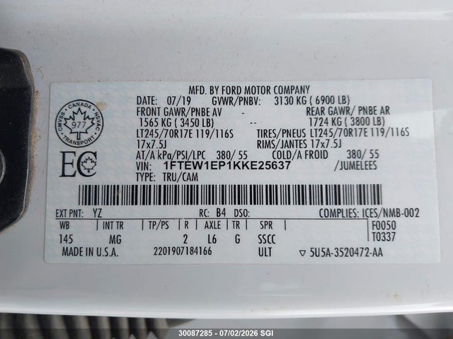 Продаж на аукціоні авто 2019 Ford F150 Supercrew, vin: 1FTEW1EP1KKE25637, номер лоту: 30087285
