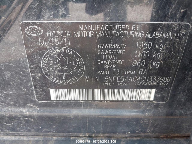 30093479 :رقم المزاد ، 5NPEB4AC4CH333986 vin ، 2012 Hyundai Sonata Gls مزاد بيع