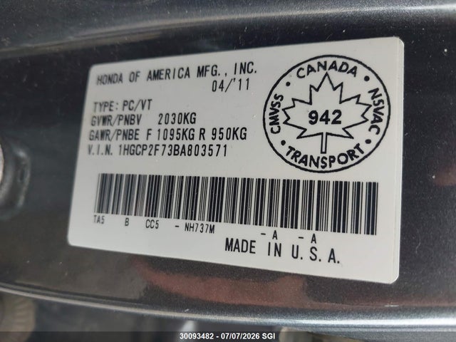2011 Honda Accord Ex მანქანა იყიდება აუქციონზე, vin: 1HGCP2F73BA803571, აუქციონის ნომერი: 30093482