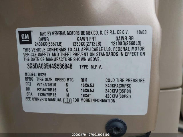 2004 Buick Rendezvous Cx/cxl მანქანა იყიდება აუქციონზე, vin: 3G5DA03E44S536848, აუქციონის ნომერი: 30093470