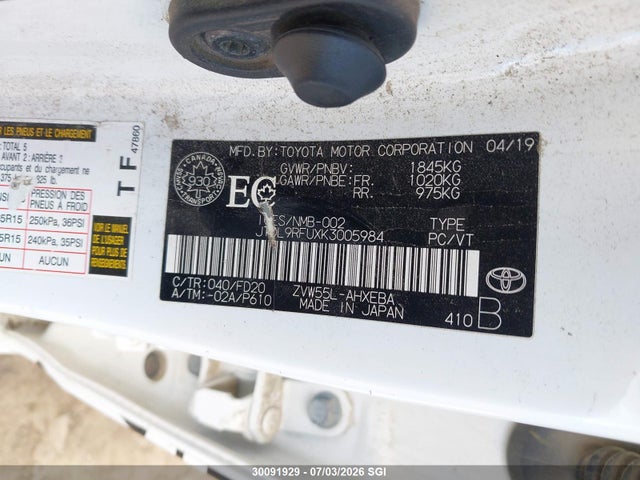 JTDL9RFUXK3005984 Toyota Prius