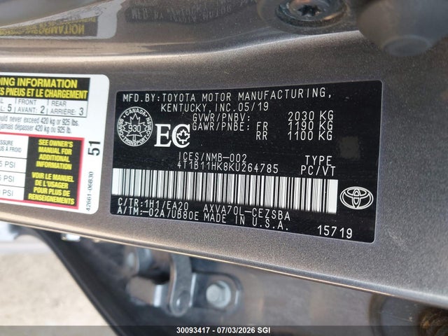2019 Toyota Camry L/le/xle/se/xse მანქანა იყიდება აუქციონზე, vin: 4T1B11HK8KU264785, აუქციონის ნომერი: 30093417