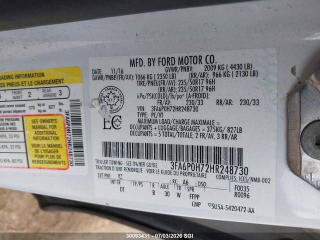 Продаж на аукціоні авто 2017 Ford Fusion Se, vin: 3FA6P0H72HR248730, номер лоту: 30093431