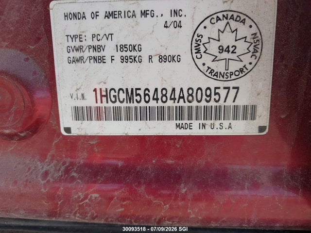2004 Honda Accord Lx მანქანა იყიდება აუქციონზე, vin: 1HGCM56484A809577, აუქციონის ნომერი: 30093518