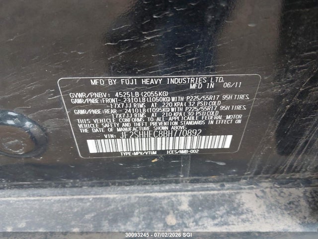 30093245 :رقم المزاد ، JF2SHHEC8BH770892 vin ، 2011 Subaru Forester Limited مزاد بيع