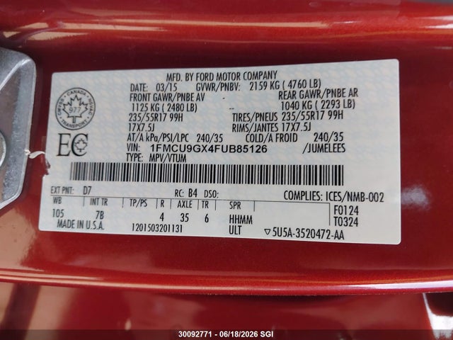 Продаж на аукціоні авто 2015 Ford Escape Se, vin: 1FMCU9GX4FUB85126, номер лоту: 30092771
