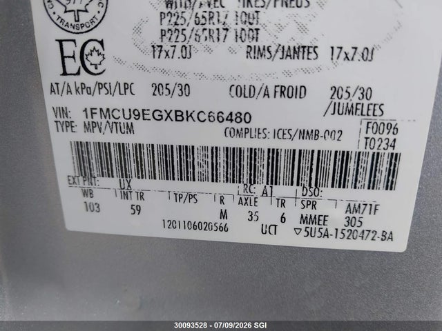 30093528 :رقم المزاد ، 1FMCU9EGXBKC66480 vin ، 2011 Ford Escape Limited مزاد بيع