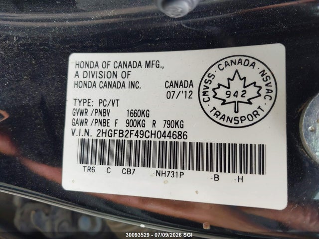 2012 Honda Civic Lx მანქანა იყიდება აუქციონზე, vin: 2HGFB2F49CH044686, აუქციონის ნომერი: 30093529