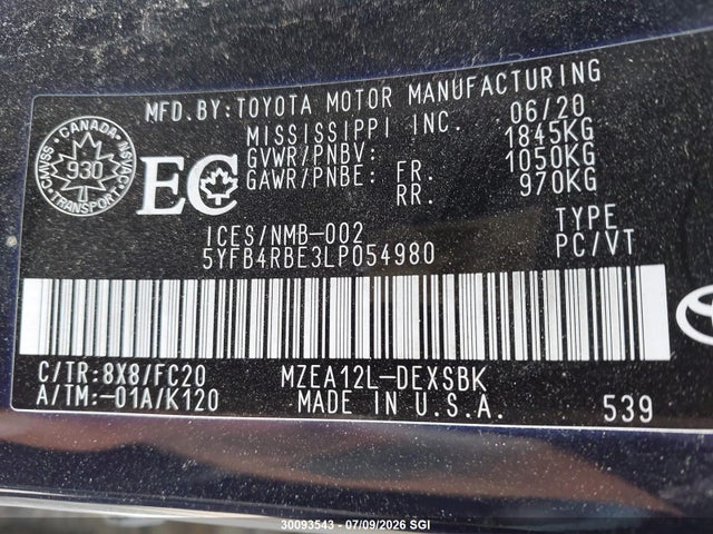 Продажа на аукционе авто 2020 Toyota Corolla Se/xse, vin: 5YFB4RBE3LP054980, номер лота: 30093543