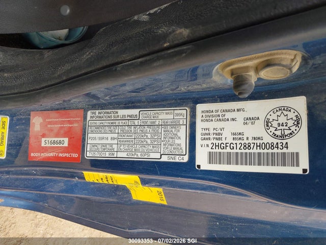 Продажа на аукционе авто 2007 Honda Civic Ex, vin: 2HGFG12887H008434, номер лота: 30093353