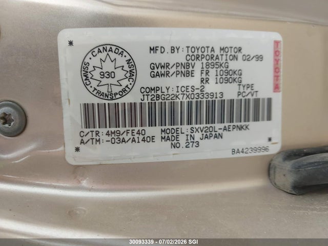 1999 Toyota Camry Le/xle მანქანა იყიდება აუქციონზე, vin: JT2BG22K7X0333913, აუქციონის ნომერი: 30093339