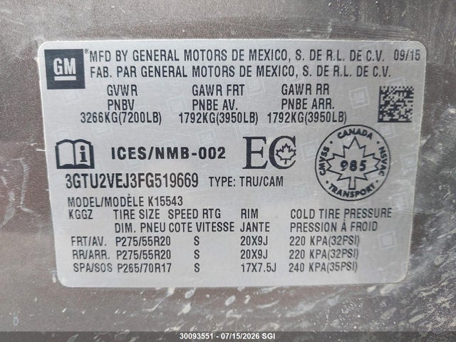GMC Sierra K1500 Slt 2015 3GTU2VEJ3FG519669 Image 9