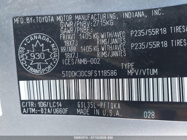 2015 Toyota Sienna Xle/limited მანქანა იყიდება აუქციონზე, vin: 5TDDK3DC9FS118586, აუქციონის ნომერი: 30093574