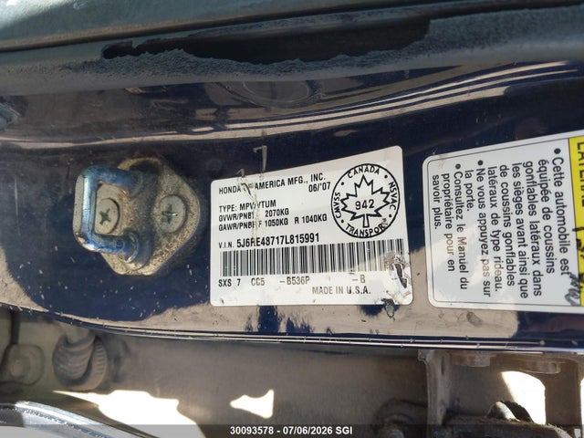 Aukcja sprzedaży 2007 Honda Cr-v Exl, vin: 5J6RE48717L815991, numer aukcji: 30093578