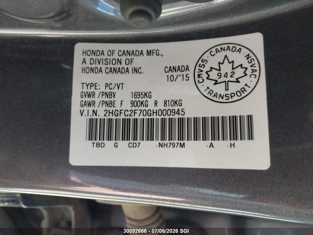 Honda CIVIC EX 2016 2HGFC2F70GH000945 Image 9