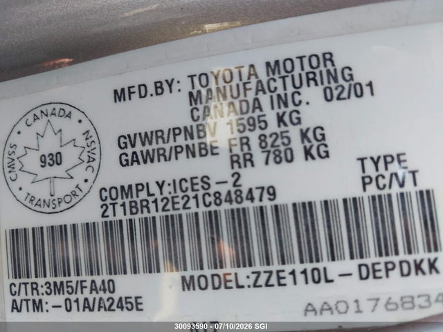 Продажа на аукционе авто 2001 Toyota Corolla Ce/le/s, vin: 2T1BR12E21C848479, номер лота: 30093590
