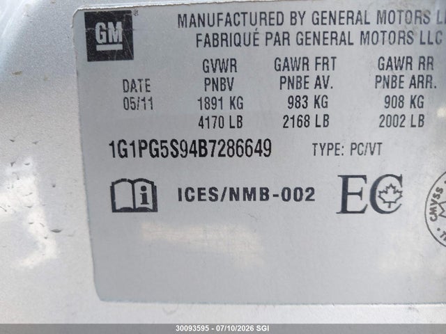 Aukcja sprzedaży 2011 Chevrolet Cruze Lt, vin: 1G1PG5S94B7286649, numer aukcji: 30093595