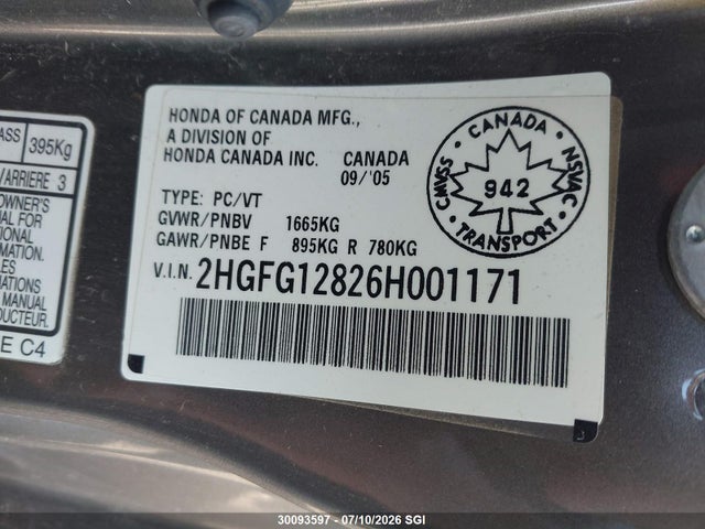 2006 Honda Civic Ex მანქანა იყიდება აუქციონზე, vin: 2HGFG12826H001171, აუქციონის ნომერი: 30093597